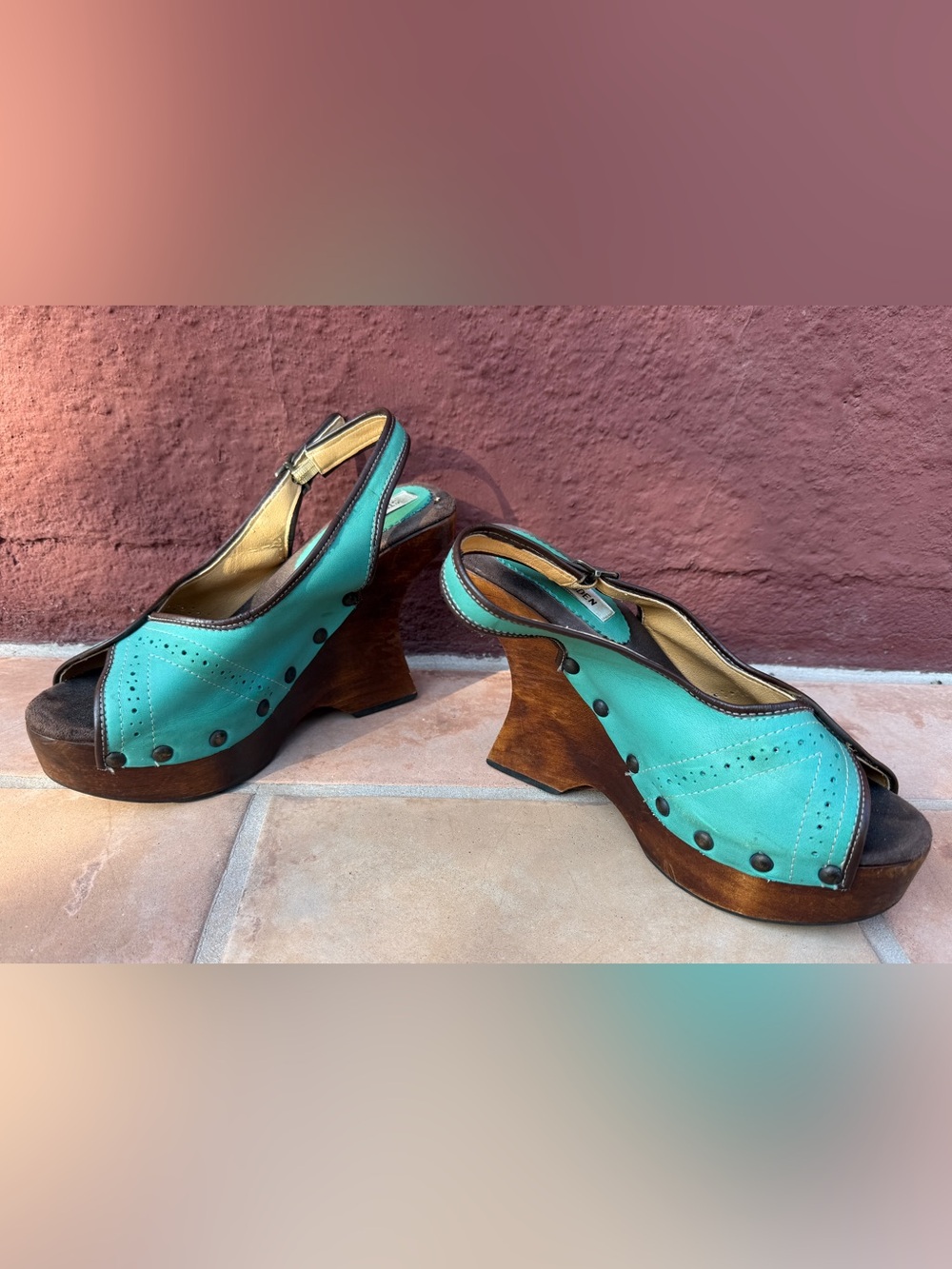 Steve Madden Turquoise Wood Wedge Platform Clog Sandal Marni Knockoff